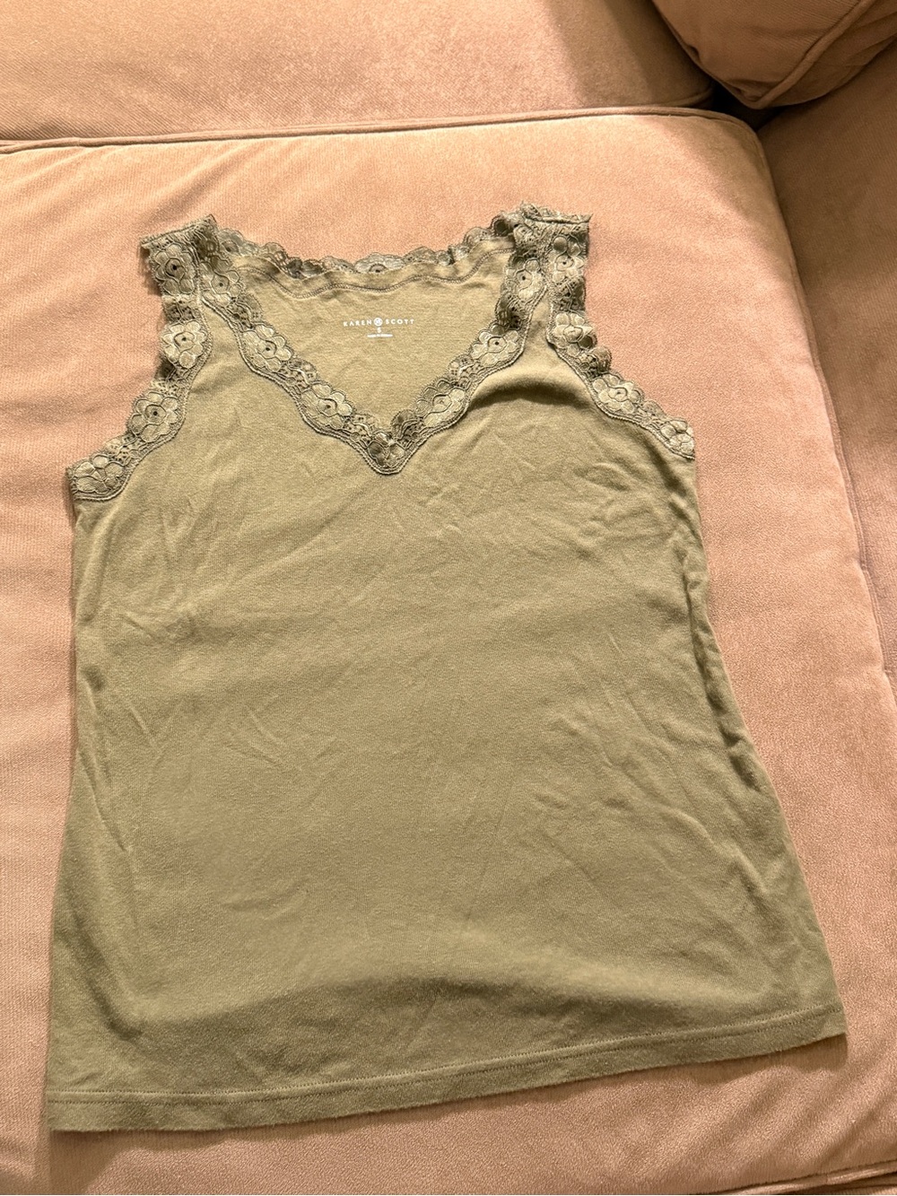 NWOT Karen Scott Olive Green Lace Trim Layering Tank Top, Small